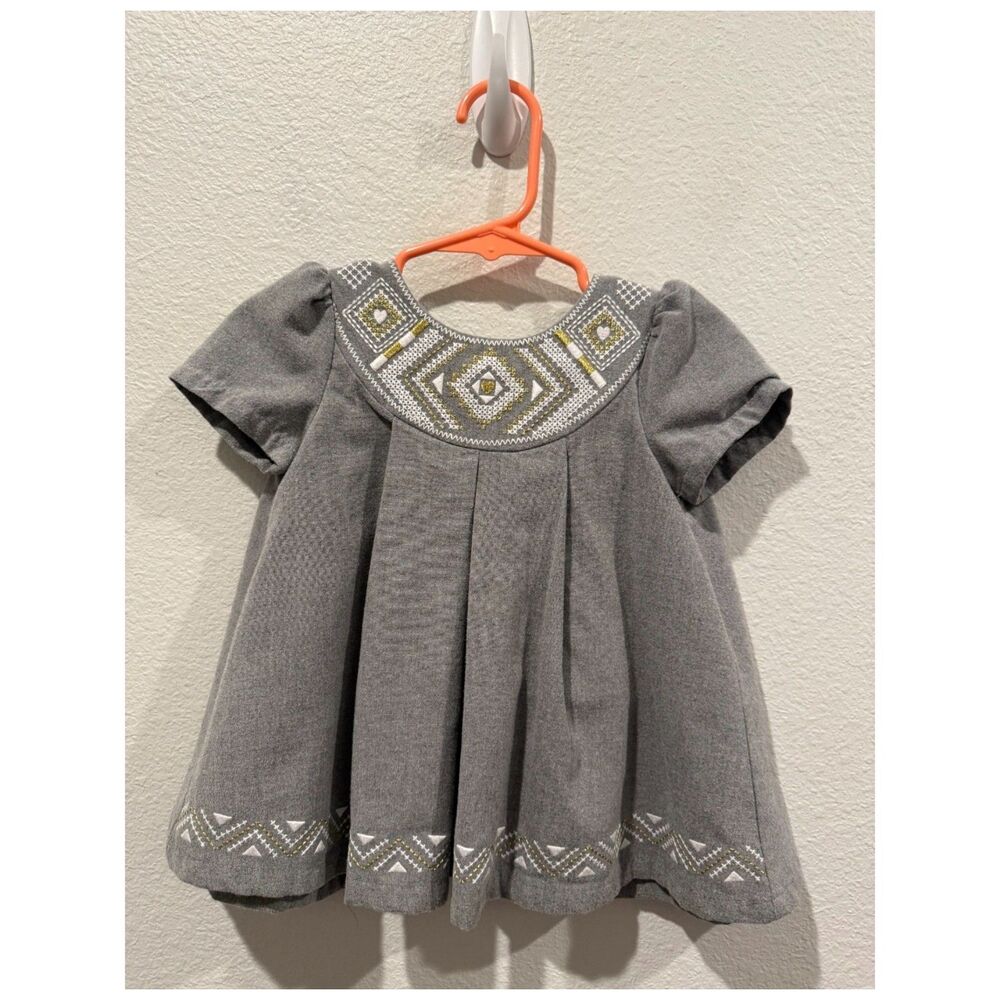 TAHARI BABY Gray Gold Embroidered Pleated Party Girl Dress